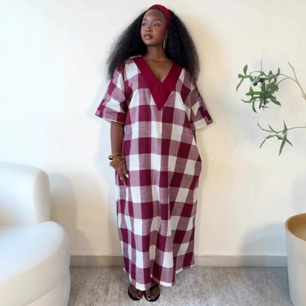 ZARA Plus Size Women Plaid Midi Dress Short Sleeve African